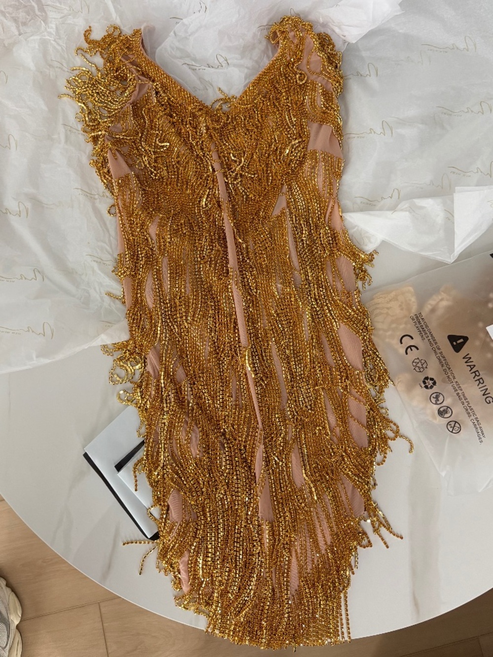 Mew Mews Fiadh Crystal Chain Fringe Mesh Mini Dress In Gold- BIRTHDAY OR BACH
